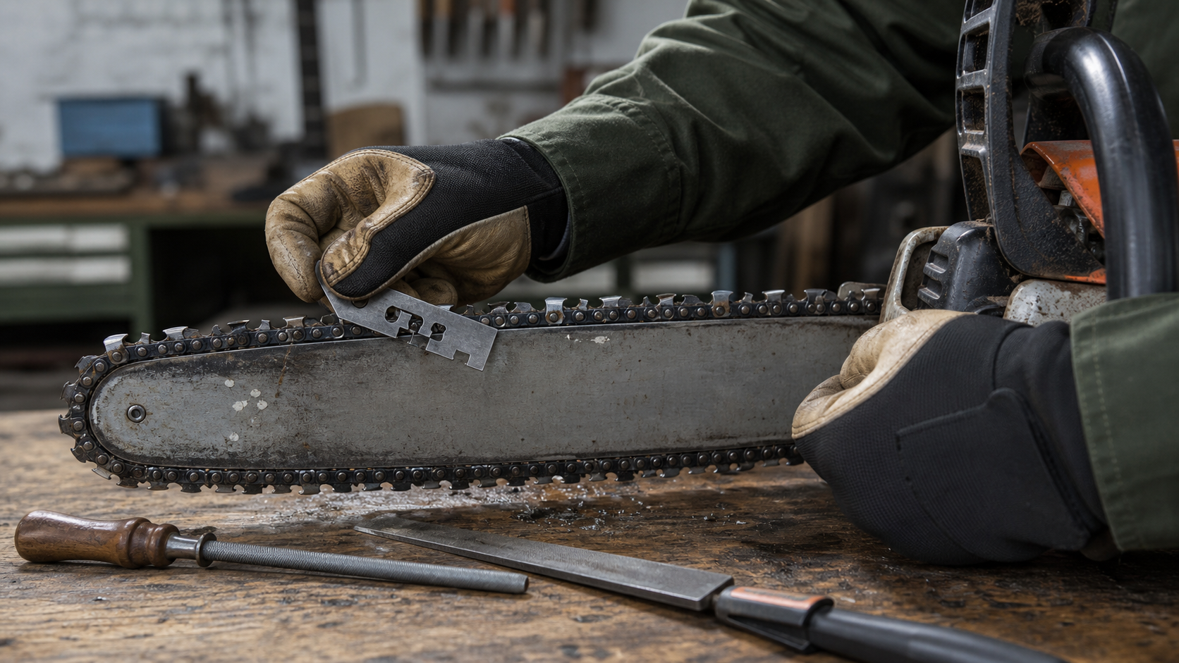 A technician checking chainsaw cutters and depth gauges on a stopped saw at a workshop bench