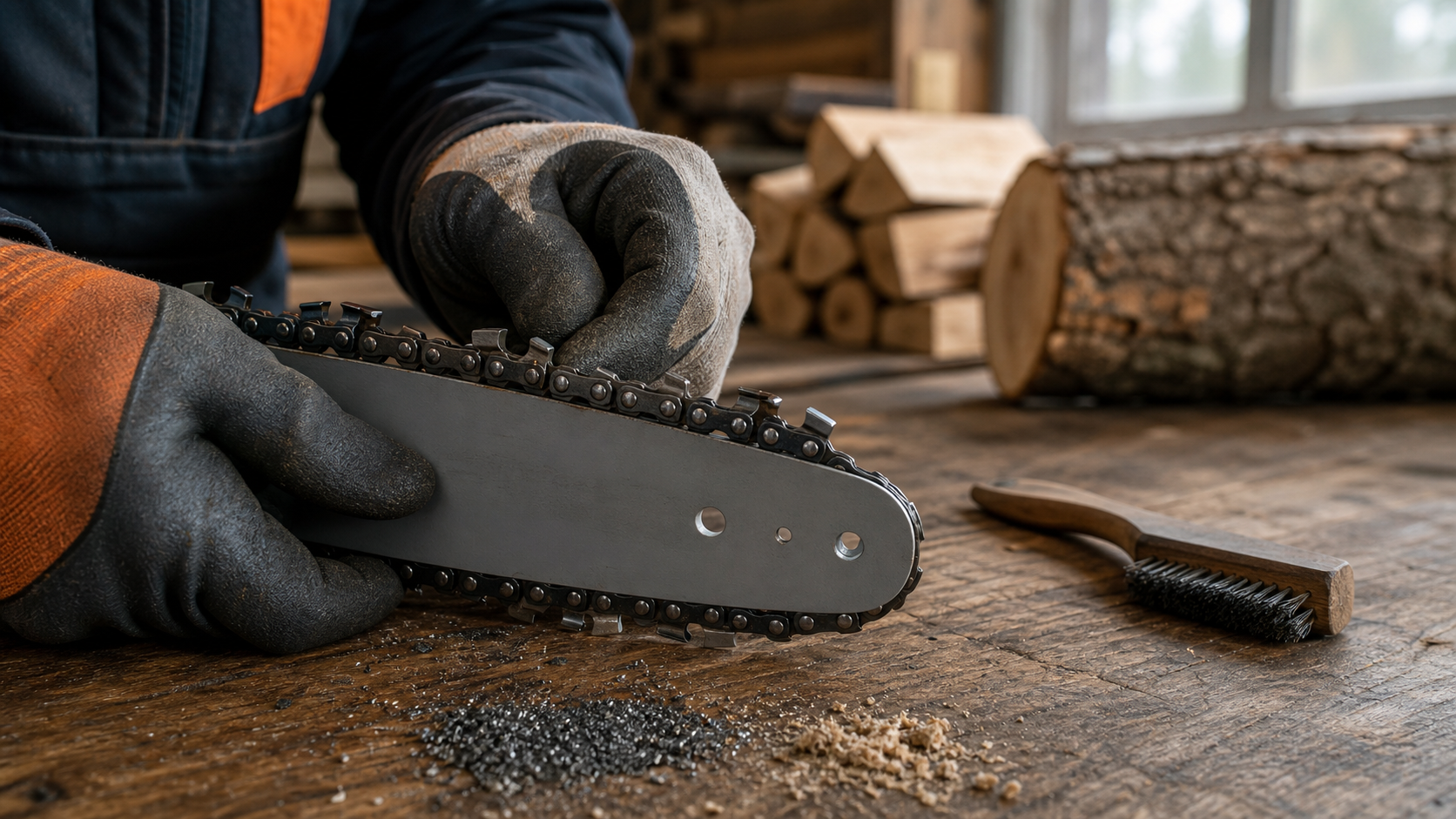 Technician inspecting the cutters on a disconnected chainsaw guide bar