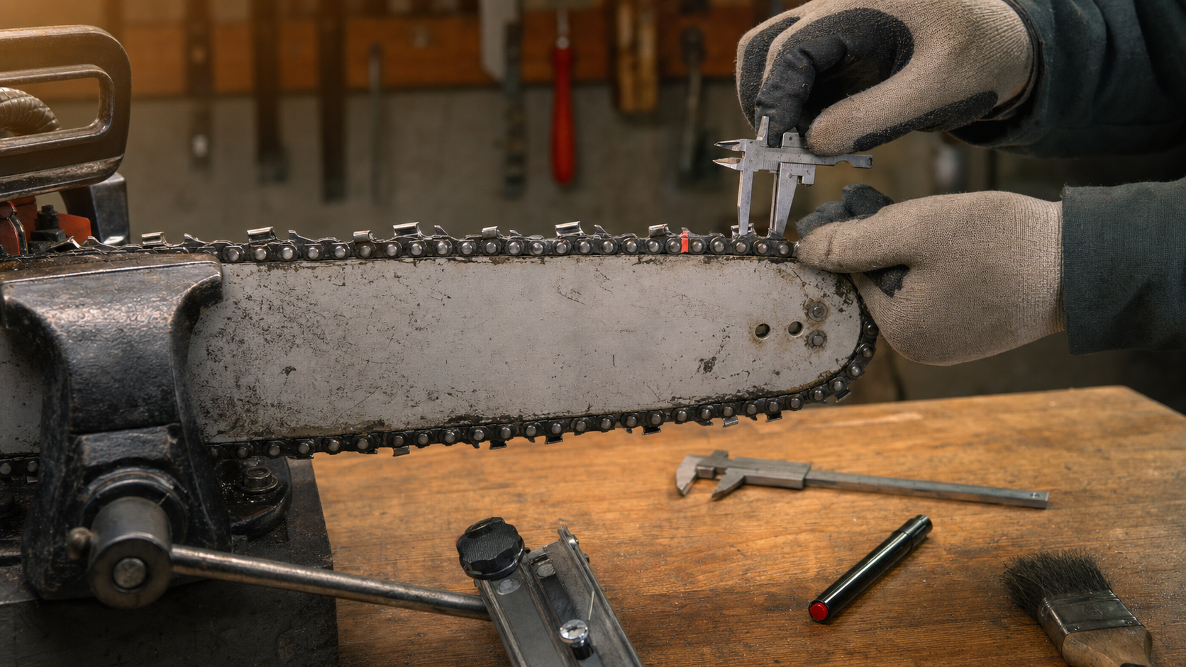 Technician comparing chainsaw cutter lengths on a secured guide bar