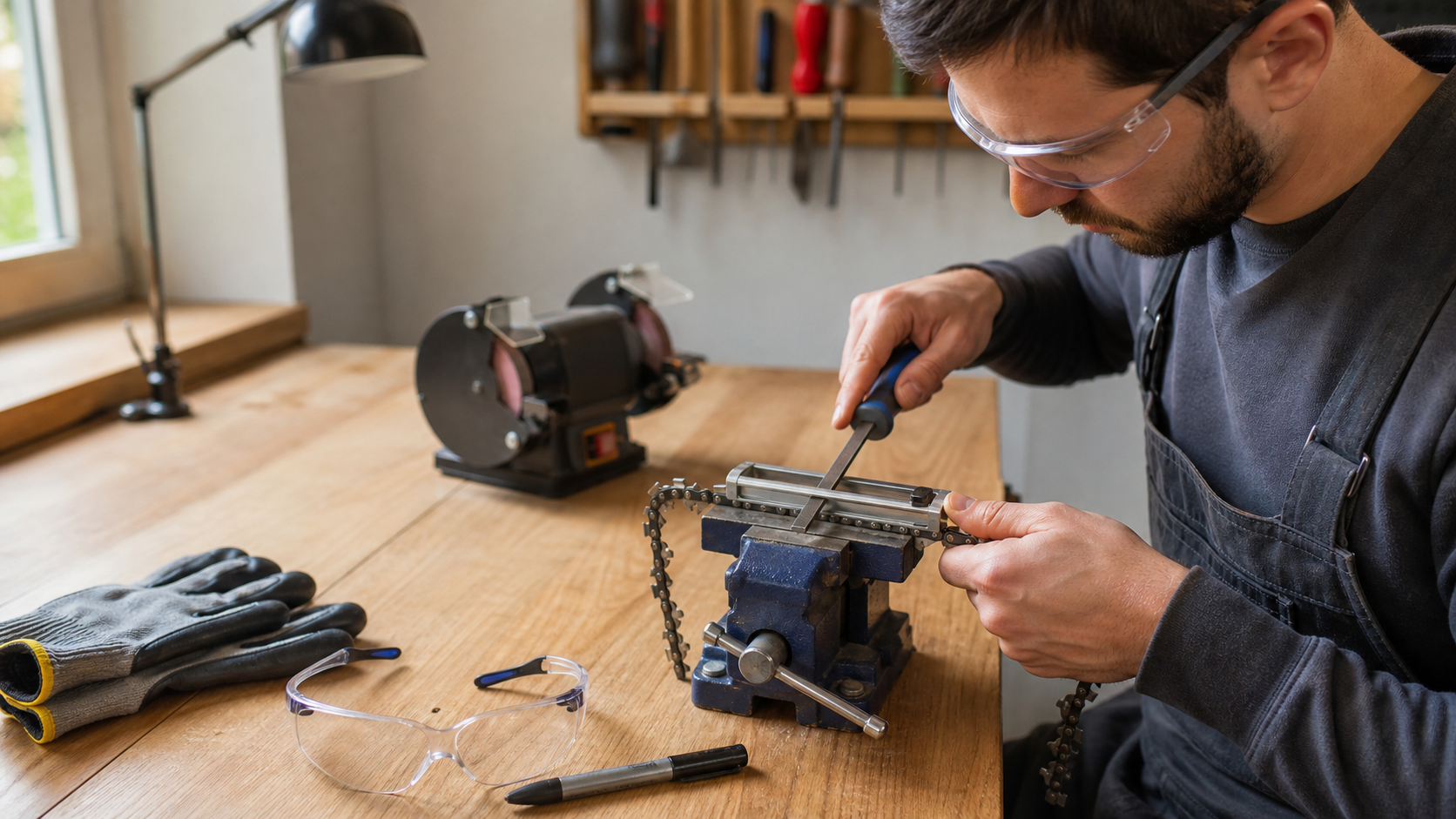 A beginner using a guided chainsaw sharpener at a workshop bench
