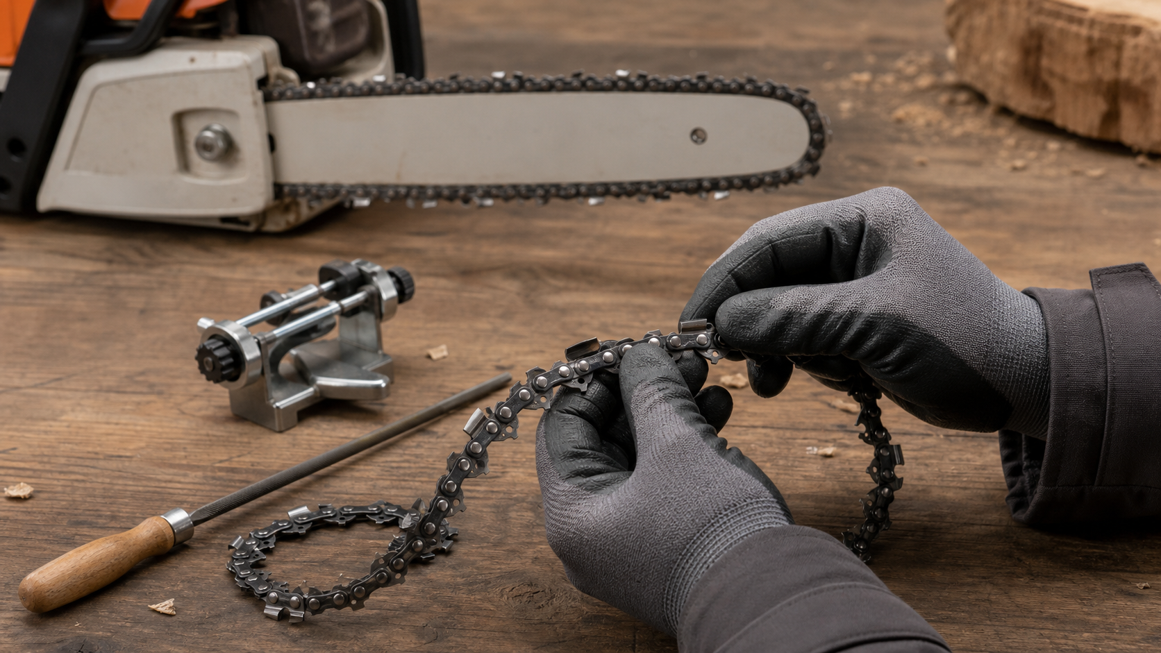 A stopped chainsaw chain being inspected at a workshop bench