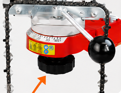 Close-up of the 230W sharpener angle scale and chain guide